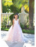 Soft Pink Beaded Floral Lace Tulle Flower Girl Dress